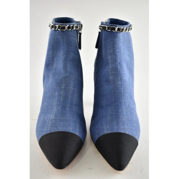 Chanel 20C Blue Denim Fabric Black Chain CC Logo Short Ankle Heel Boot Bootie 38 - Picture 5 of 12